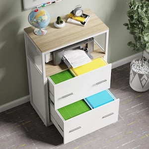 Atencio 2-Drawer White Wood 24 in. W Lateral File Cabinet with Lock, Letter/Legal/A4 Size, Large Modern Filing Cabinet