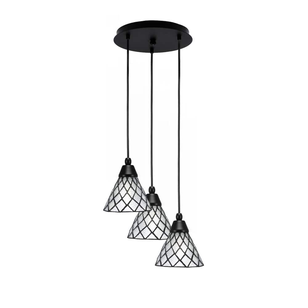 Savannah 8.75 in. 3-Light Matte Black Cord Pendant Light Diamond Ice Art Gl