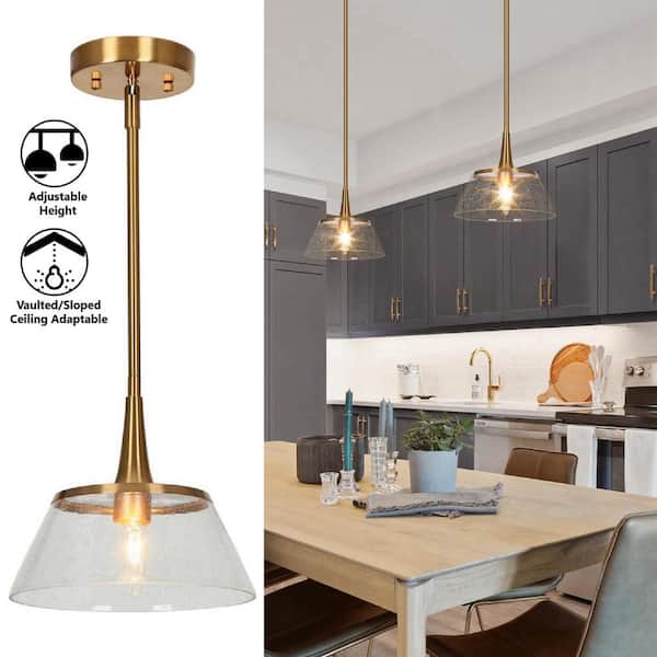 LNC Quoridan Brass Modern Drum Kitchen Pendant with Seedy Glass Contemporary 1-Light Living Dining Room Island Chandelier