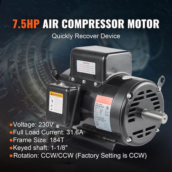 7. 5HP Air Compressor Motor, 3450RPM 184T Frame, 230V 31. 6A Electric, 1-1/8 in. Keyed Shaft, CW/CCW Rotation