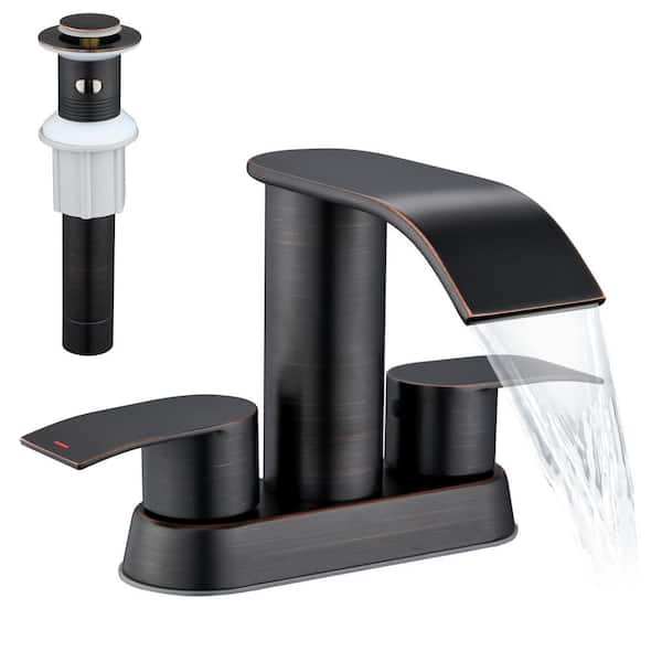 4 in. Centerset Double-Handle Waterfall Spout Bathroom Vessel Sink Faucet with Pop Up Drain Kit in Oil Rubbed Bronze