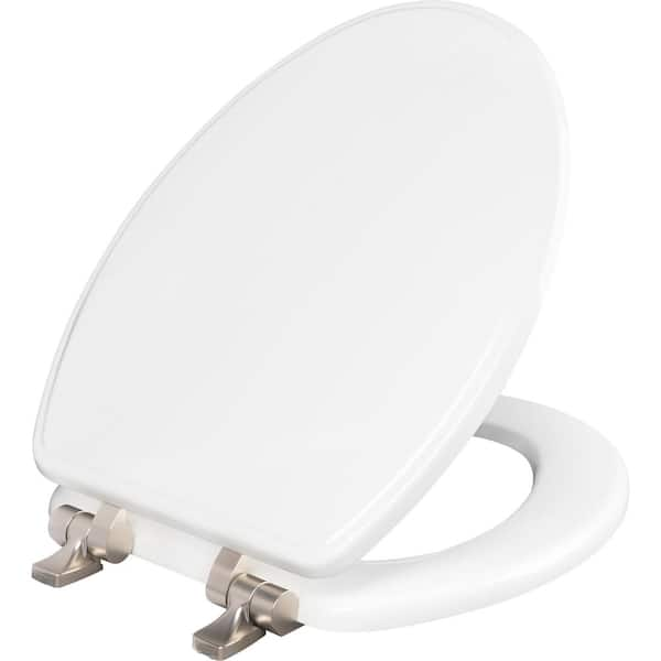 Weston Elongated Soft Close Enameled Wood Closed Front Toilet Seat in White Never Loosens Brushed Nickel Metal Hinge