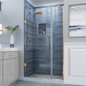 Belmore 38.25 in. to 39.25 in. W x 72 in. H Frameless Hinged Shower Door in Brushed Gold