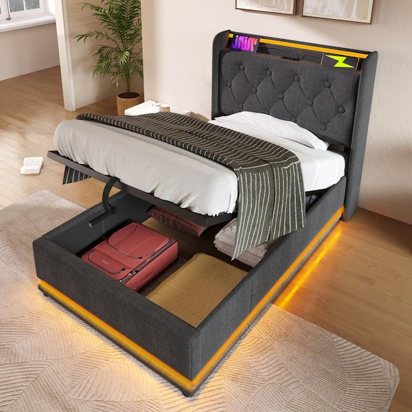 Nestfair Gray Wood Frame Twin Size Upholstered Platform Bed with LED Function and USB Type-C Charging