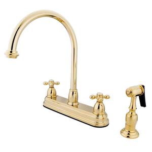 Restoration 2-Handle Deck Mount Centerset Kitchen Faucets with Side Sprayer in Polished Brass