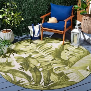 Barbados Ivory/Green 7 ft. x 7 ft. Round Multi-Leaf Tropical Indoor/Outdoor Area Rug