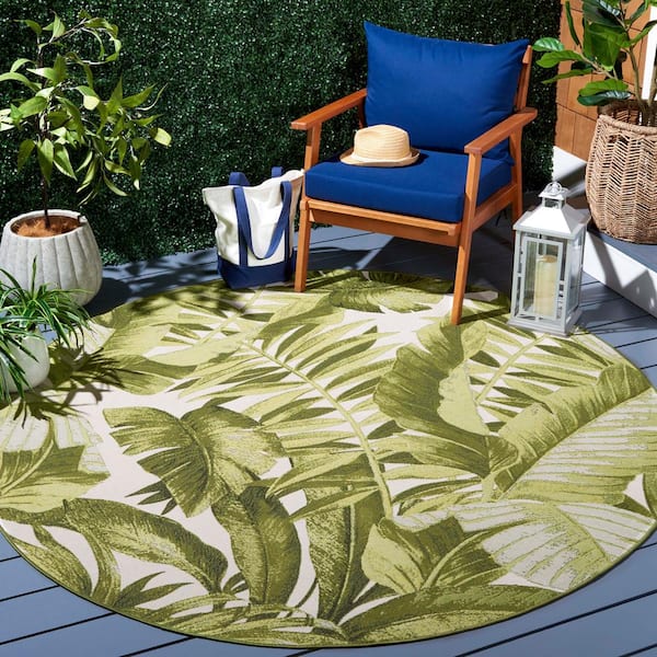 Barbados Ivory/Green 7 ft. x 7 ft. Round Multi-Leaf Tropical Indoor/Outdoor Area Rug