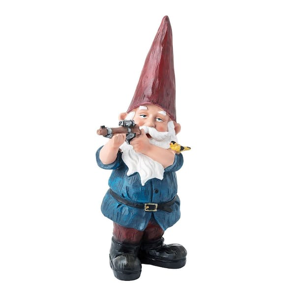 Alpine Corporation 12 in. Tall Outdoor Hunting Garden Gnome with Blue Shirt Yard Statue, Multicolor