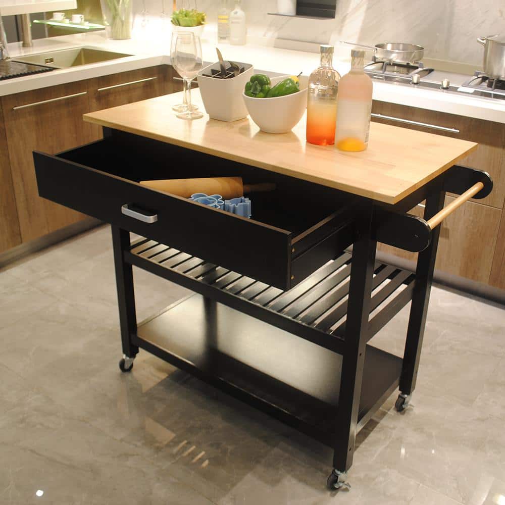 Black Wood Kitchen Cart with 2 Lockable Wheels Rubber Wood Top