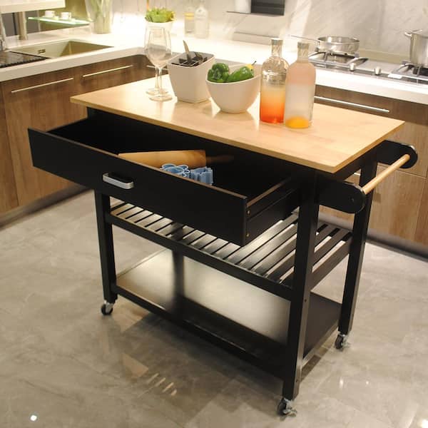 Unbranded Black Wood Kitchen Cart with 2 Lockable Wheels Rubber Wood Top