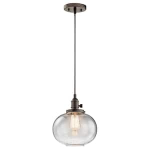 Avery 9.75 in. 1-Light Olde Bronze Farmhouse Shaded Kitchen Globe Mini Pendant Hanging Light with Clear Seeded Glass