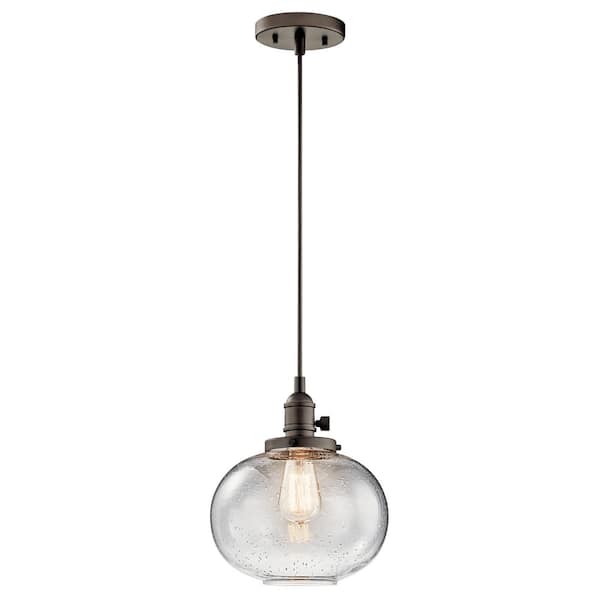 KICHLER Avery 9.75 in. 1-Light Olde Bronze Farmhouse Shaded Kitchen Globe Mini Pendant Hanging Light with Clear Seeded Glass
