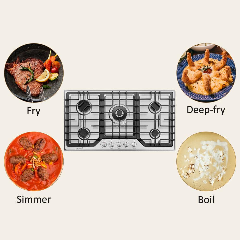 36-Inch Stainless Steel 5-Burner Gas Cooktop with Cast Iron Griddle