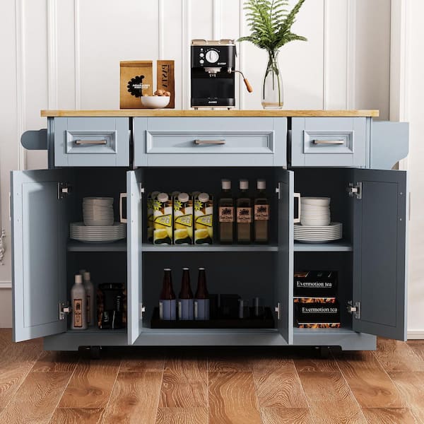 Grey Blue Rubber Wood Kitchen Cart with Drop Leaf and Towel Rack