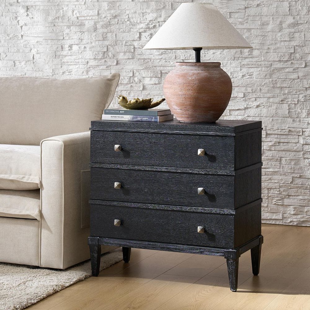 Nikolaus Black Transitional 3-Drawer Nightstand with Charging Station