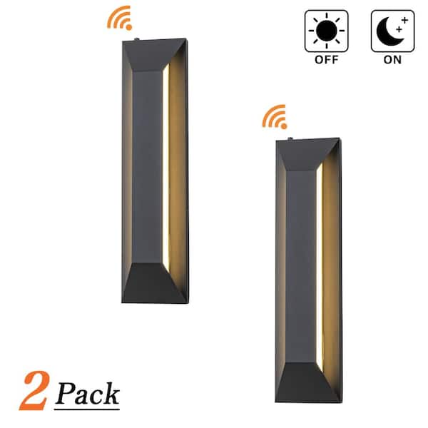 H22 in. Dusk to Dawn Outdoor Black Wall Light 24W Integrated LED Wall Sconce with Trapezoid Design Acrylic Shade (2Pack)