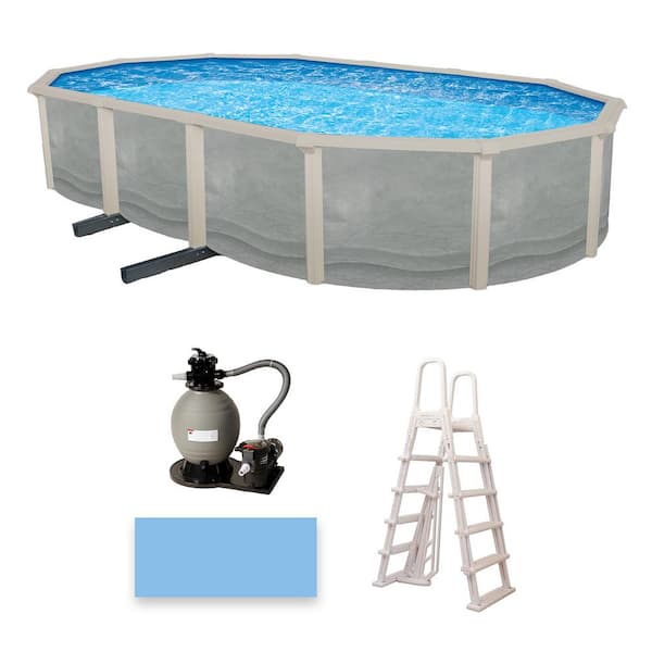Blue Wave Trinity 18 ft. x 33 ft. Oval 52 in. Deep Steel Wall Pool Package with 7 in. Top Rail