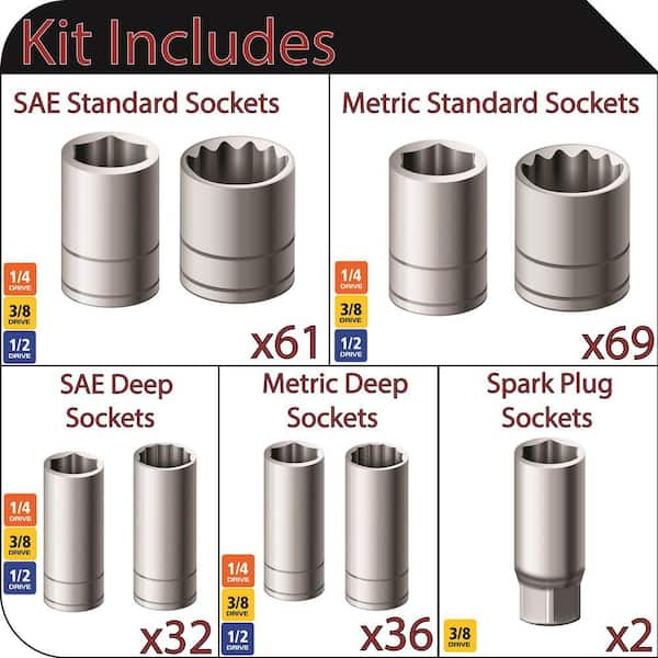 1/4 in., 3/8 in., and 1/2 in. Drive Socket Set in EVA Foam Tray (200-Piece)