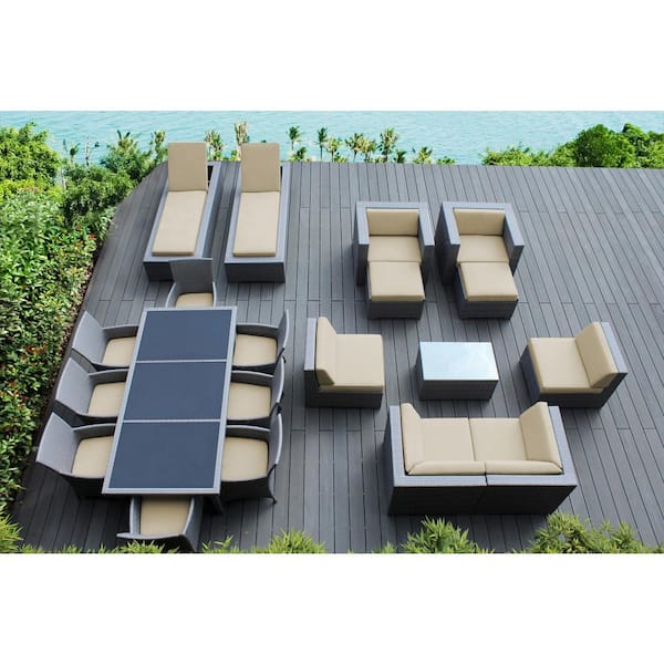 Gray 20-Piece Wicker Patio Combo Conversation Set with Sunbrella Antique Beige Cushions