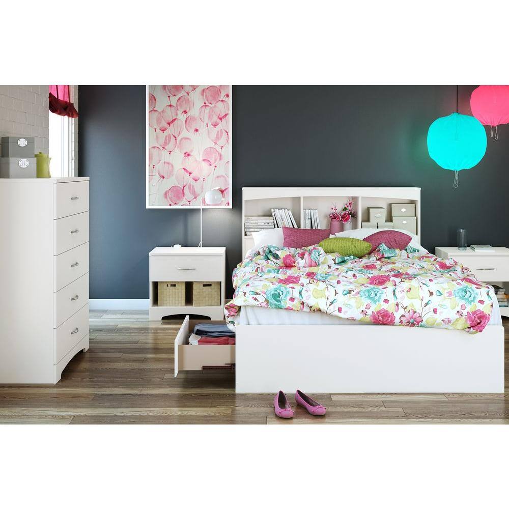 Step One Full/Double White Wood Frame Captain's Bed with Storage and Bookcase