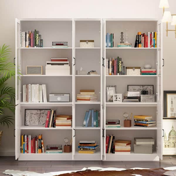 78.7 in. Tall 2-in-1 Wood White Accent Bookcase 12-Shelf Bookshelf with Doors, Adjustable Shelves