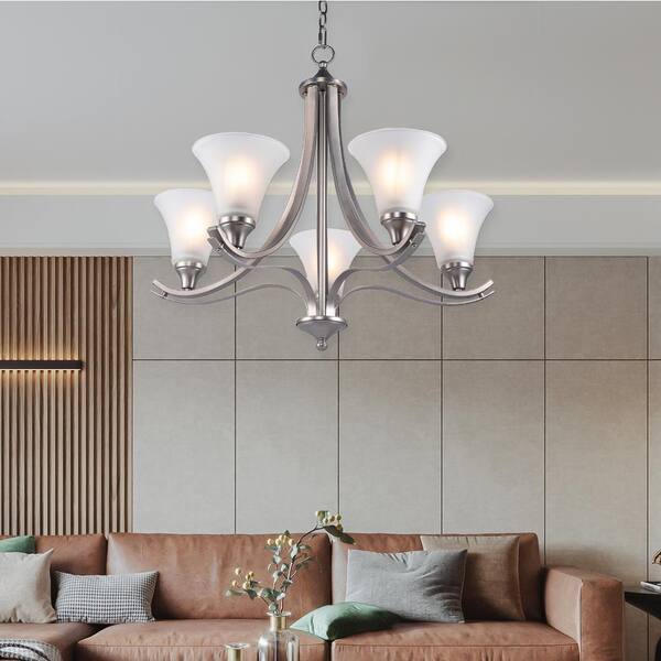 Hanging Ceiling Lights 5 Light Finish Brushed Nickle Classic Traditional Chandelier With Glass Shade Shades Sslp51888201 - Traditional Chandelier Ceiling Light
