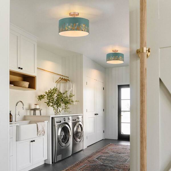 ZYZWMB 15 in. 3-Light Antique Green Drum Semi-Flush Mount Ceiling