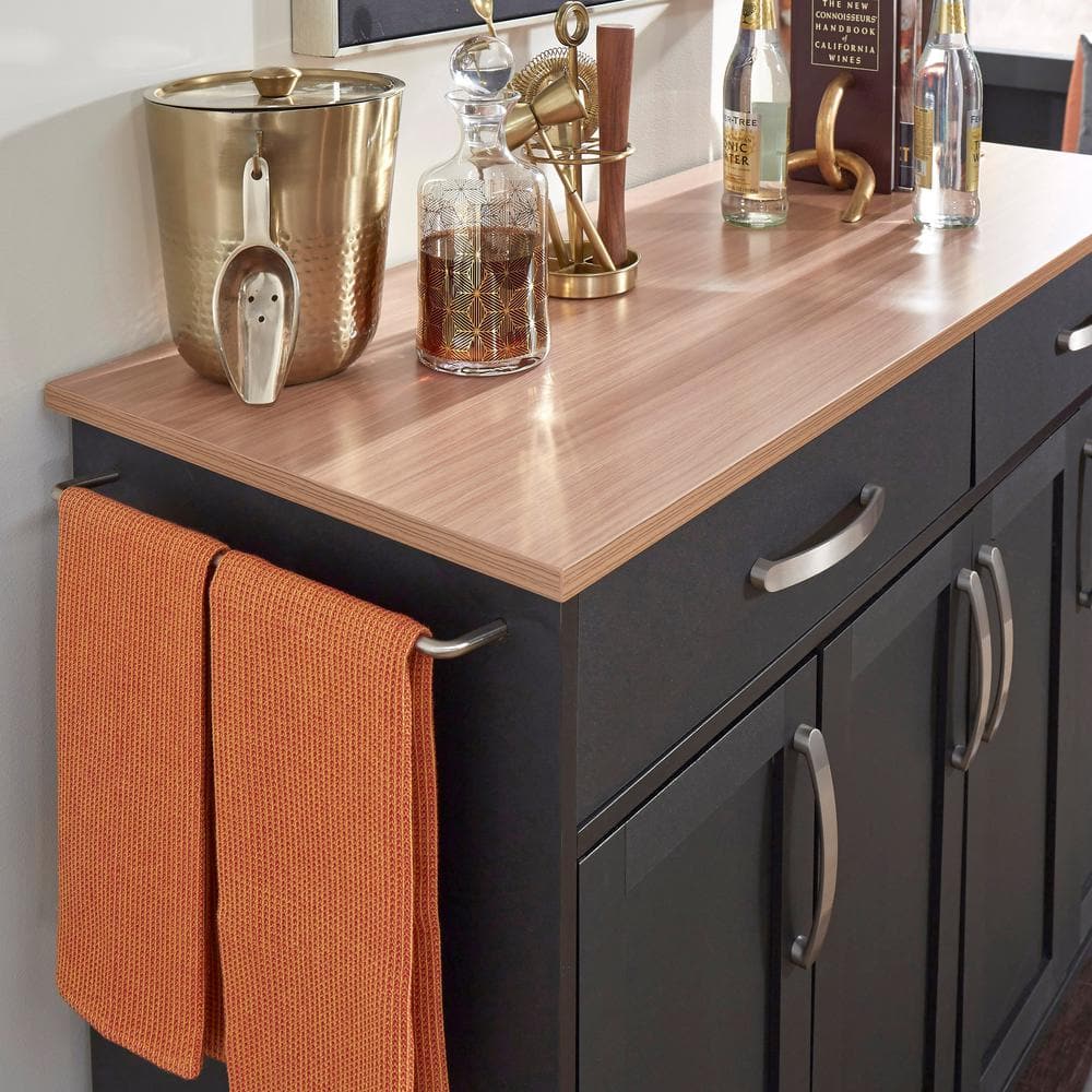 Black Wood Kitchen Cart with Natural Laminate Top and Storage