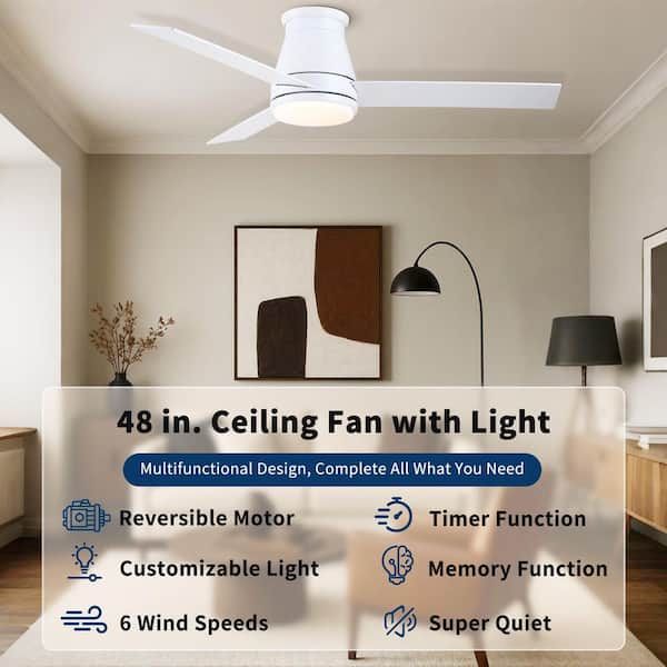 48 in. Indoor White Low Profile Ceiling Fan with Dimmable LED Light and Remote Control for Medium Rooms