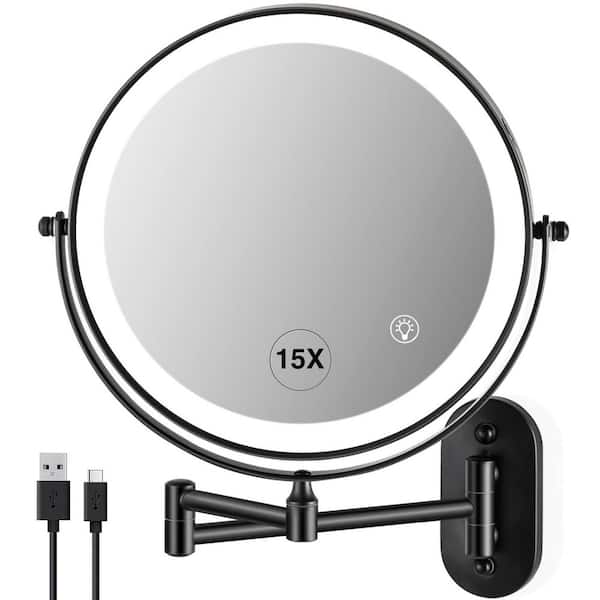 8.5 in. W x 8.5 in. H Round 1X/15X Magnify 3-Colors LED Wall-Mount Bathroom Makeup Mirror with Battery in Black