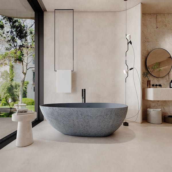 67 in. x 33.4 in. Freestanding Stone Resin Solid Surface Soaking Bathtub in Cement Grey and Outer Dot