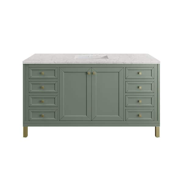 James Martin Vanities Chicago 60 in. W x 23.5 in. D x 34 in. H Bathroom Vanity in Smokey Celadon with Eternal Jasmine Pearl Quartz Top