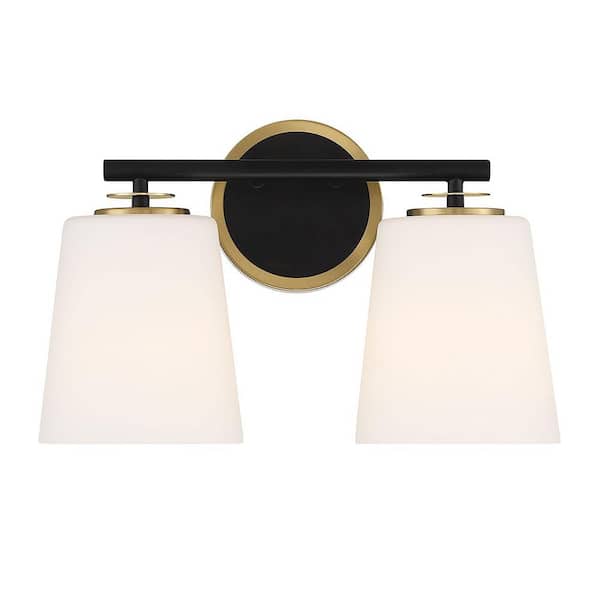 Savoy House Meridian 15 in. 2-Light Matte Black/Natural Brass Vanity Light with White Opal Glass Shades
