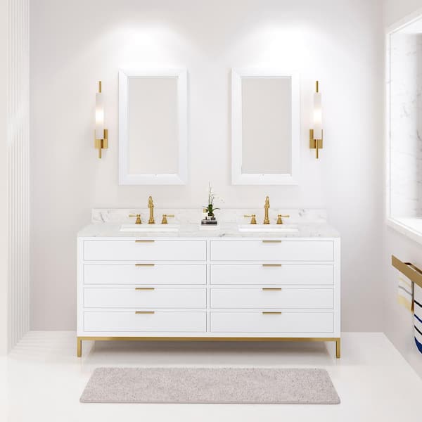 Water Creation Bristol 72 in. W x 34 in. H x 21.5 in. D Double Sink Bath Vanity in White with Carrara White Marble Top and Hook Faucet