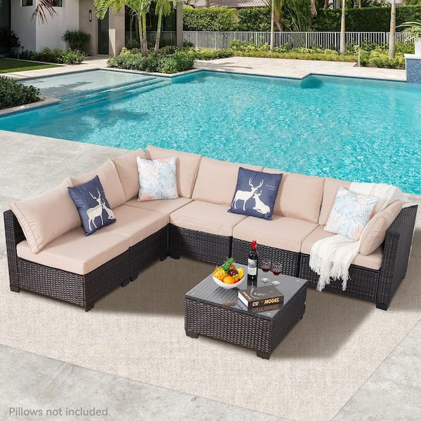 7-Piece Brown Wicker Patio Conversation Set with Khaki Cushions