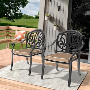 Black Stackable Cast Aluminum Patio Outdoor Dining Chairs with Random Color Seat Cushions (Set of 2)