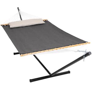 55.1 in. x 78.7 in. Quick Dry Fabric Hammock and 12 ft. Steel Stand with Matching Pillow in Sling-Dark Gray