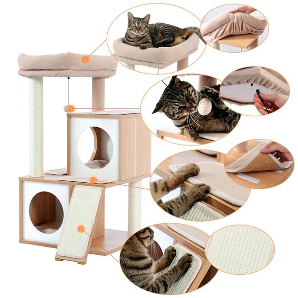 Plush Platform and Hanging Mouse Balls Kittens & Cat Interactive Toys Cat Scratching Post for Kitty Three Layers Natural Sisal Scratchers Post 