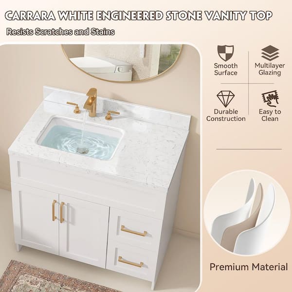 Zeafive CTK 36 in. W x 22 in. D Engineered Stone White Rectangular