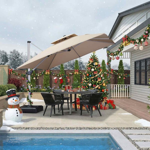 10 ft. Square High-Quality Aluminum 360 Rotation Cantilever Polyester Outdoor Patio Umbrella with Base, Beige