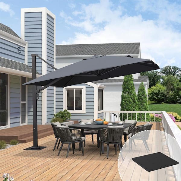 PURPLE LEAF 11 ft. Square Aluminum Large Outdoor Cantilever 360-DegreeRotation Patio Umbrella with Base Plate, Gray