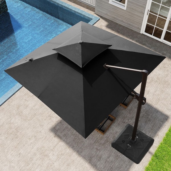 Pellebant 10 ft. x 10 ft. Aluminum 2-Tier Top Canopy 360° Rotation Cantilever Patio Umbrella in Black with Base