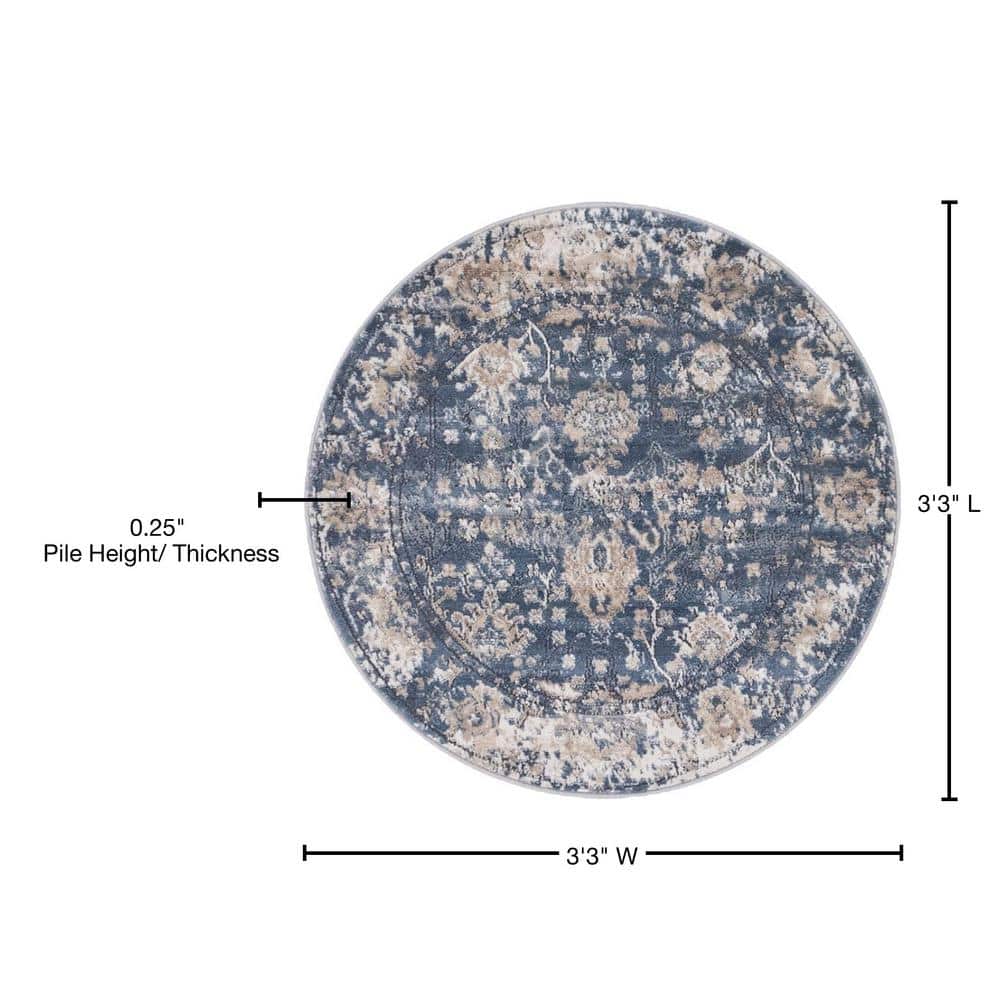 Portland Blue and Beige Round Geometric Synthetic Rug