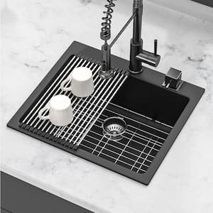 25 in. Drop-In Single Bowl Black Quartz Kitchen Sink with Bottom Grids