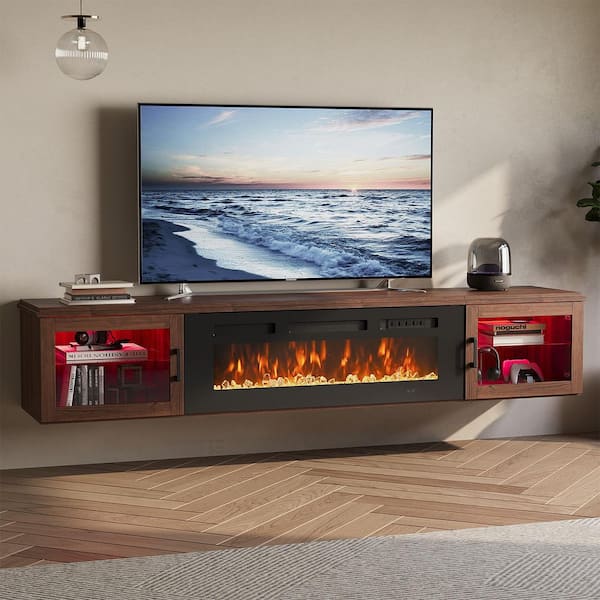 70 in. Wall Mount Floating Mount Modern MDF Electric Fireplace TV Stand 36 in. Brown