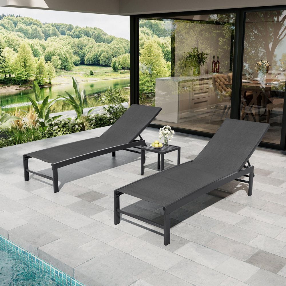 3-Piece Outdoor Chaise Lounge 2-Metal Lounge Chairs and Side Table Adjustable Backrest and Textilene Fabric in Black price history on PriceWatchPro