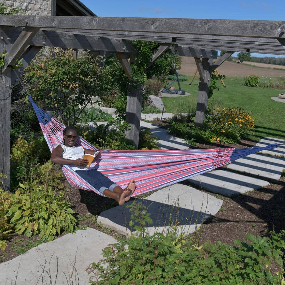 Latin Double Cotton Hammock in Vibrant Red and Blue Stripes