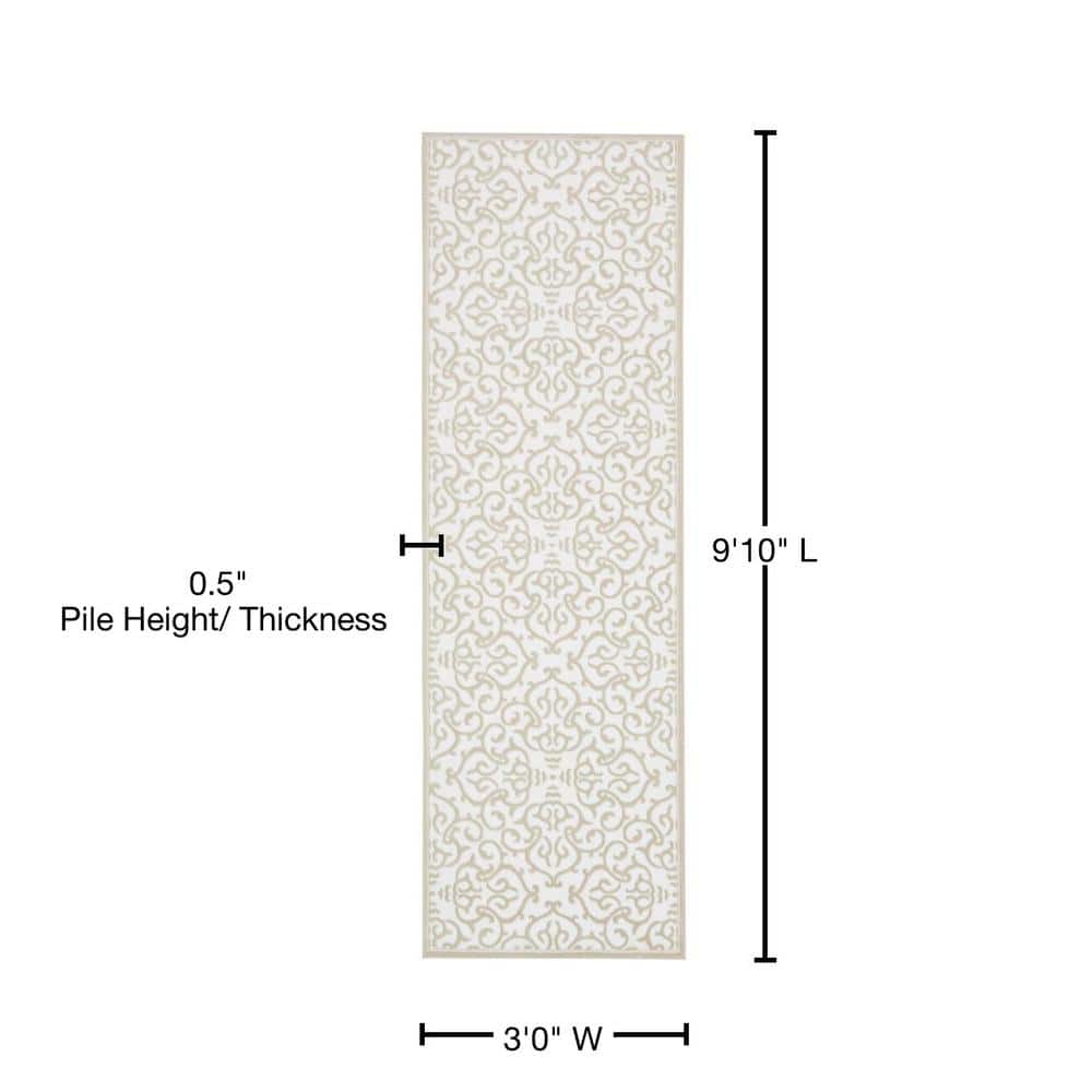 Snow White and Beige Floral Synthetic Runner Rug