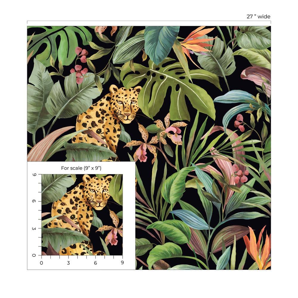 Gloss Black Tropical Leopard Peel and Stick Wallpaper Roll