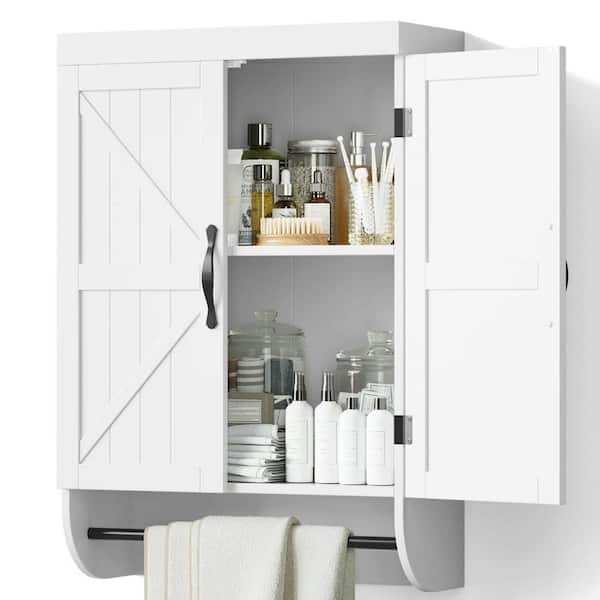 Dracelo 23.22 in. W x 9.25 in. D x 33.85 in. H White 2-Door Bathroom Wall Cabinet with Adjustable Shelf and Tower Bar